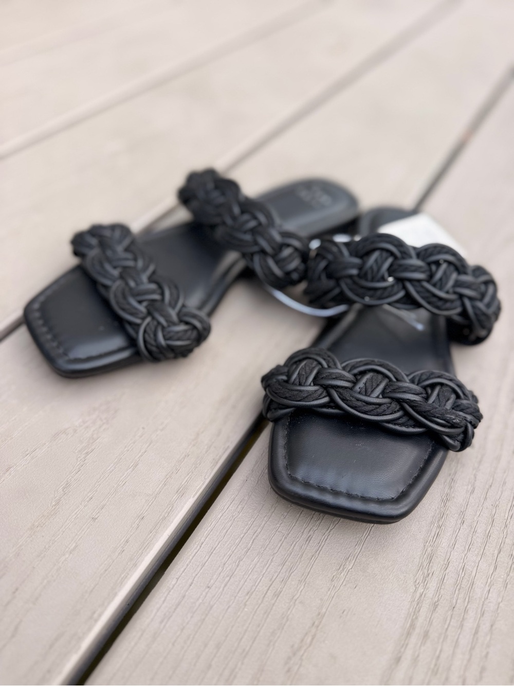 Black Braided Double Strap Open Toe Slide Sandals Flat Shoes
